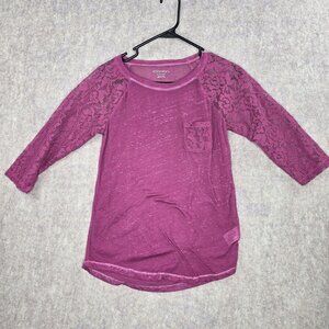 Xhilaration Womens Lace Sleeve Top Magenta XL Cotton Blend Relaxed Fit